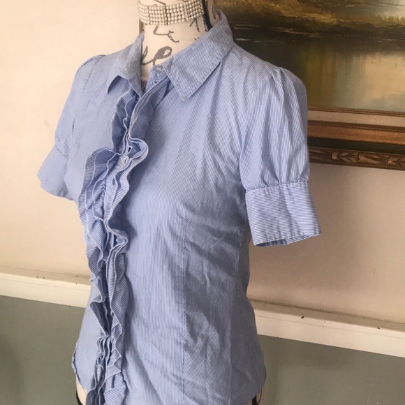 Mikarose Pin Striped Ruffle Short Sleeve Blouse - Picture 4 of 5